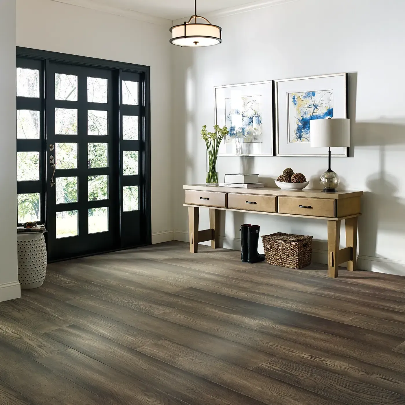 Magnificent-FH821-07057-DakotaHickory-7.5in-8U555-RM Dark brown hardwood in an entryway with a black front door | Carpets of Dalton