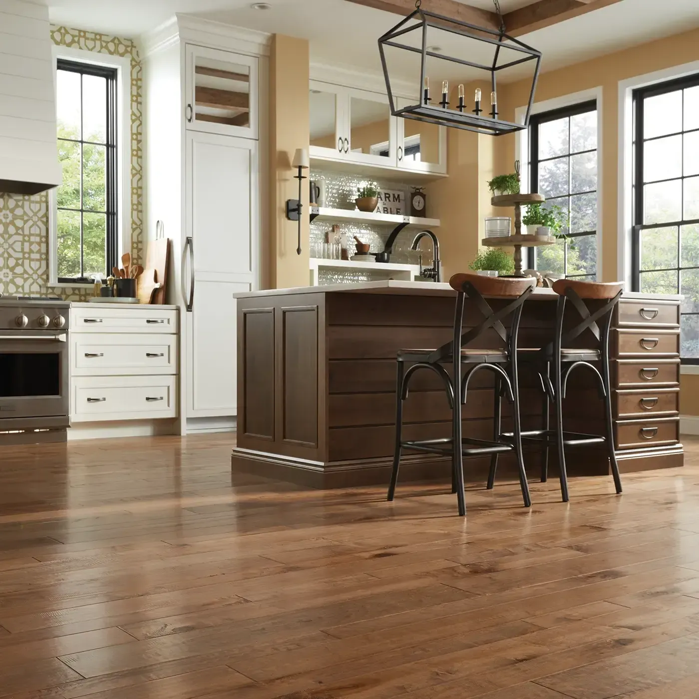 YukonMaple-SW549-01001-GoldDust-MixWidth Medium brown hardwood flooring in a kitchen | Carpets of Dalton