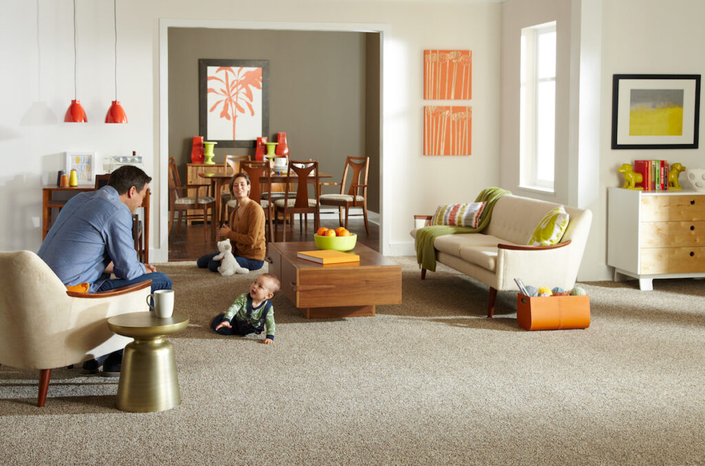 Beige carpet flooring in a bright family living room
