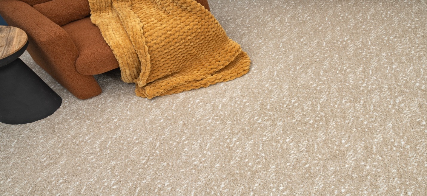 Beige patterned carpet flooring in a cozy living room