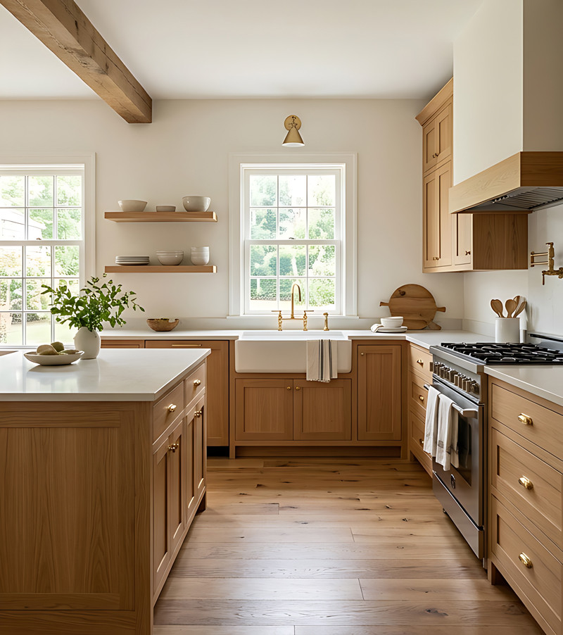 Light brown laminate flooring in a warm modern kitchen