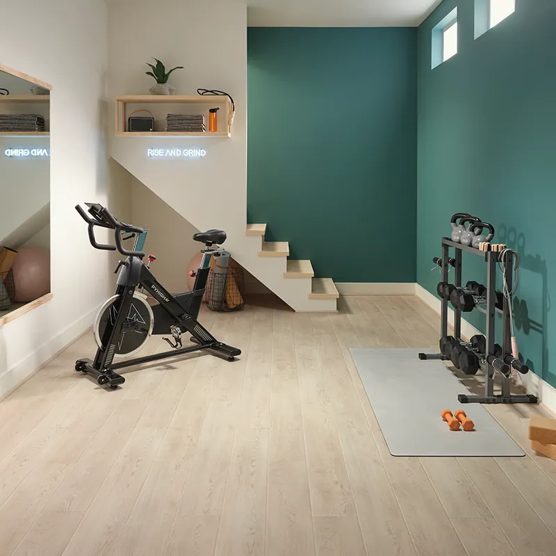 Home gym in basement with vinyl flooring and exercise equipment