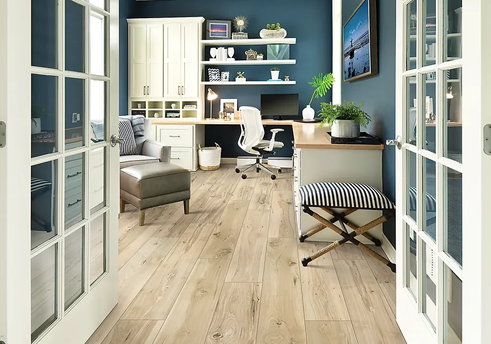 EIR Textured Laminate flooring in modern home office space with blue teal walls