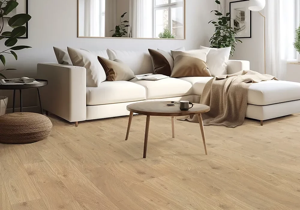 Wood-Look Wood look laminate in contemporary living room with white couch and mirror on the wall