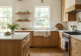 Light brown laminate flooring in a warm modern kitchen